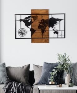 Decorațiune lemn World Map Wıth Compass | Negru/Nuc