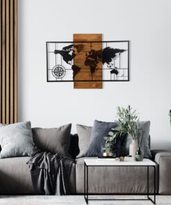 Decorațiune lemn World Map Wıth Compass | Negru/Nuc