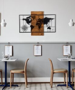 Decorațiune lemn World Map Wıth Compass | Negru/Nuc