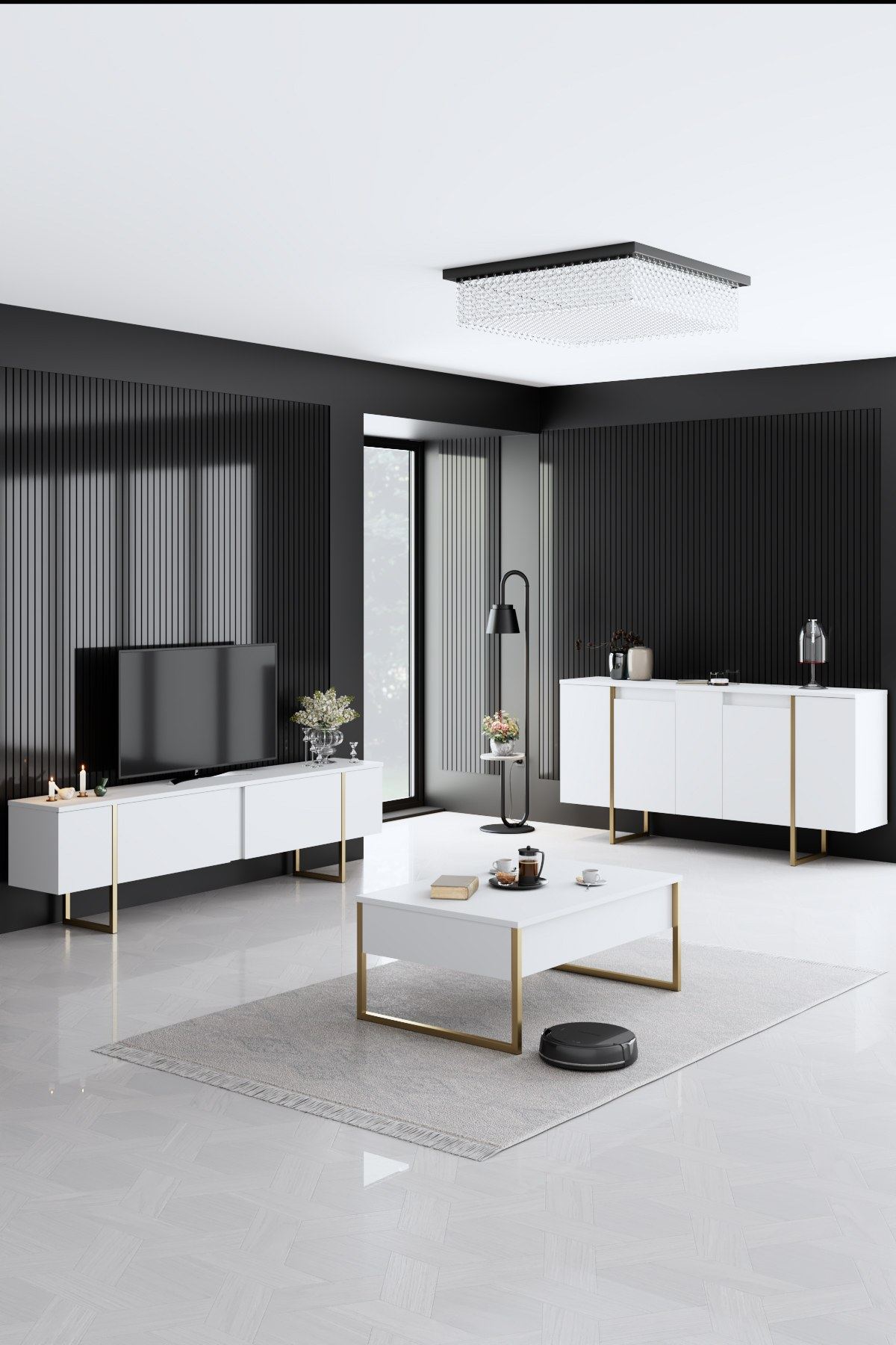 Consolă TV Luxe - White, Gold | PAL melaminat 18mm | 160 x 80 x 35 cm | Alb/Auriu