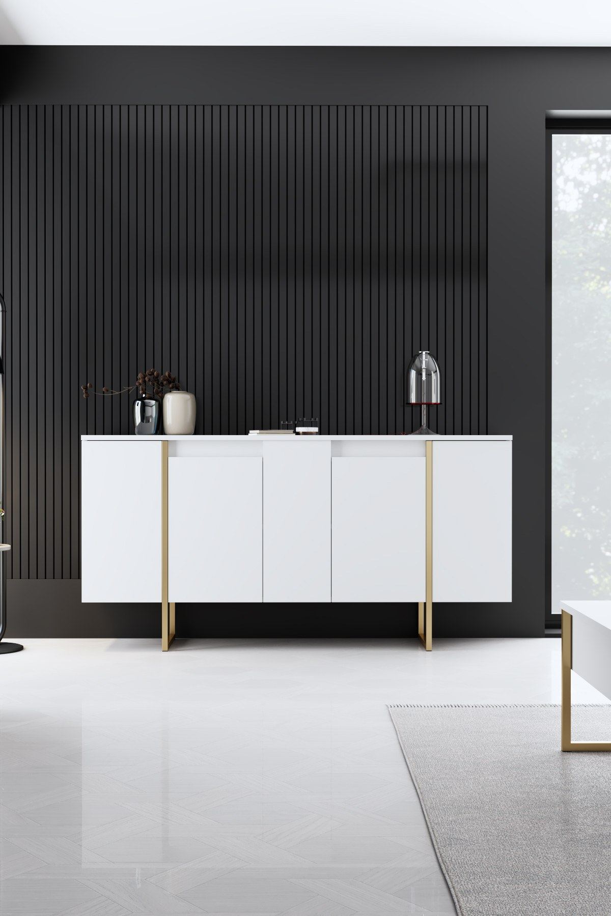 Consolă TV Luxe - White, Gold | PAL melaminat 18mm | 160 x 80 x 35 cm | Alb/Auriu