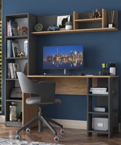 Birou cu bibliotecă HA125 - 2699 | PAL melaminat 18mm | 160 x 161,8 x 45 cm | Nuc/Antracit
